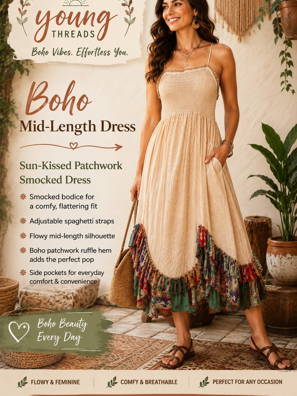 183 Young Threads Beige Boho Smocked Midi Dress with Patchwork Ruffle Hem